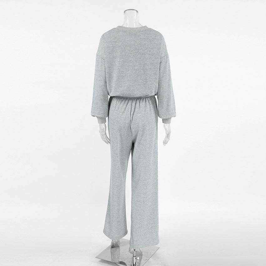 Women Autumn Gray Knitting Long Sleeve Top and Pants Casual Sports Two Piece Set 8