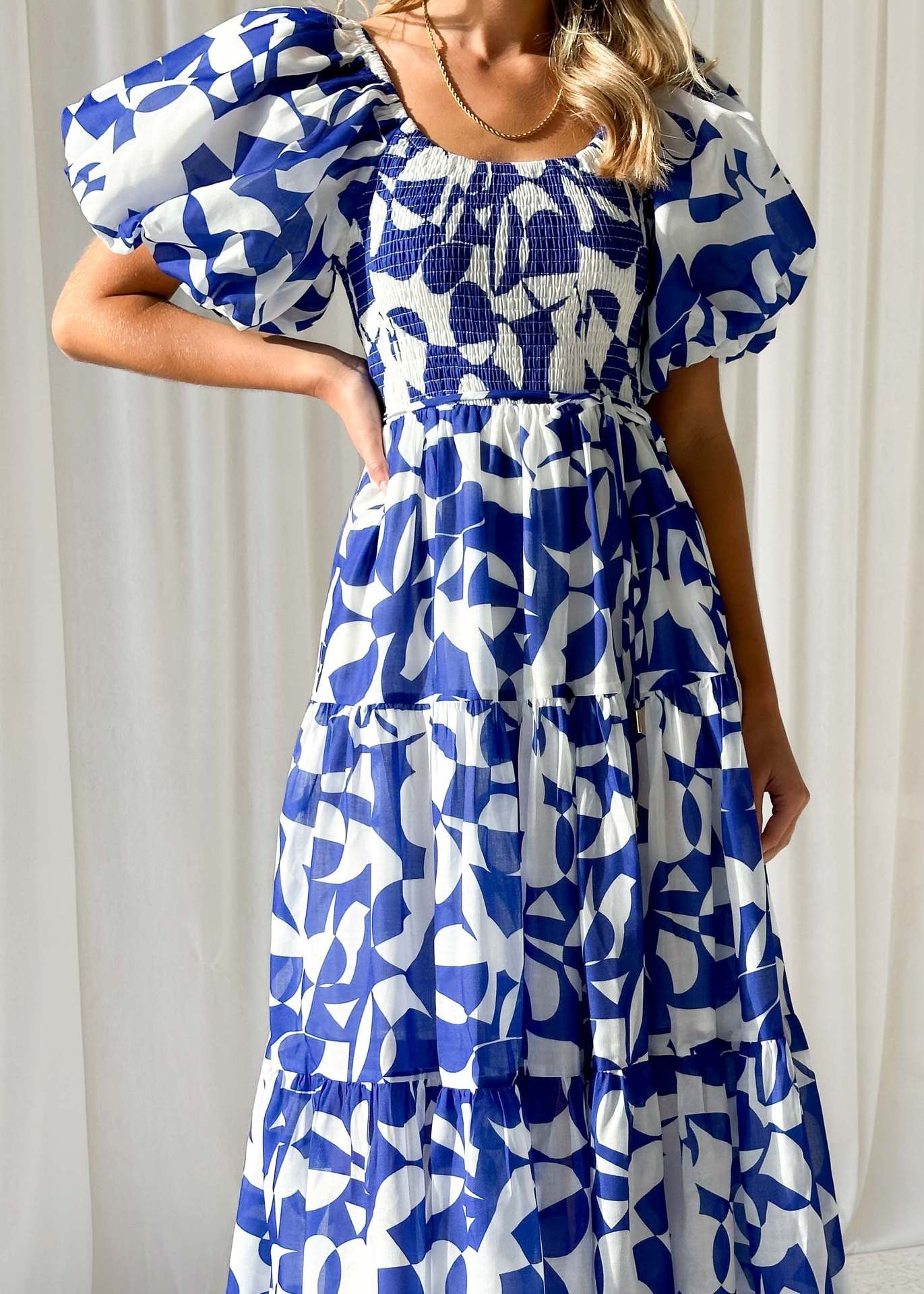 Women Elegant Print Off Shoulder Puff Sleeve Dress 33