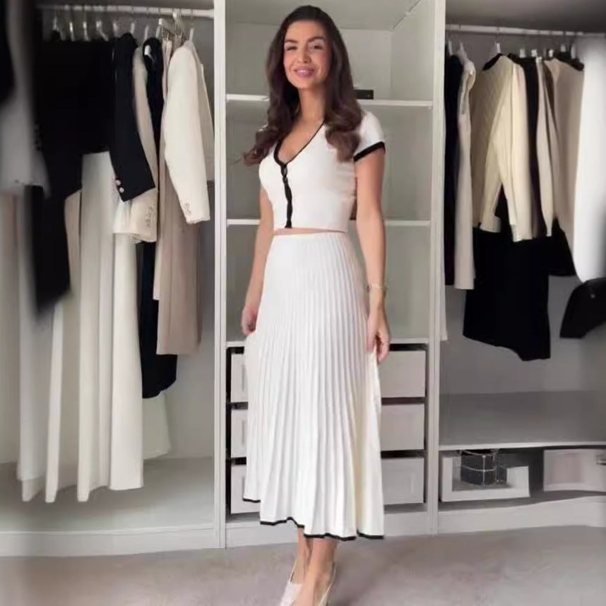 Women Summer Contrast Color Top And Skirt Two-piece Set