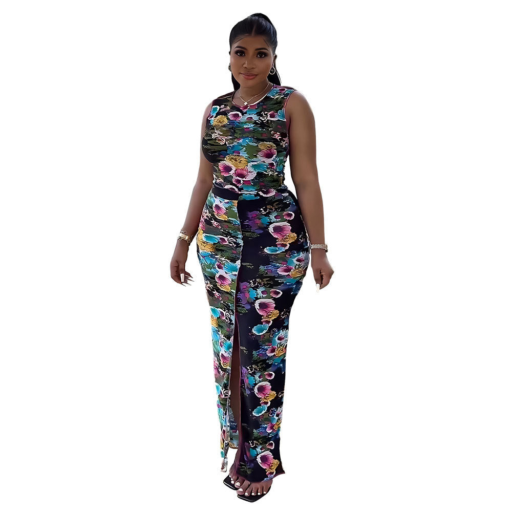 Fashionable floral Tank high-waisted long skirt two-piece set for women 8
