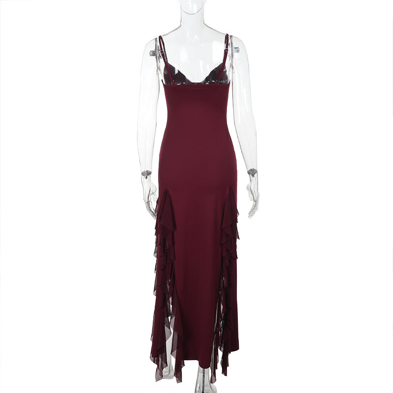 Strap Chic V-neck Holidays Slit Ruffle Dress 10