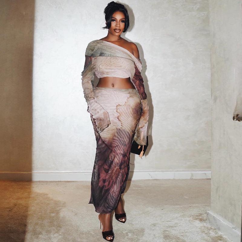 Fashionable Printed Sexy Long-Sleeved Top Long Skirt Two Piece Set