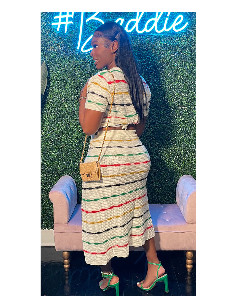 Women's Multi-Color Stripe Knitting Top Slit Skirt Two Piece Set 4