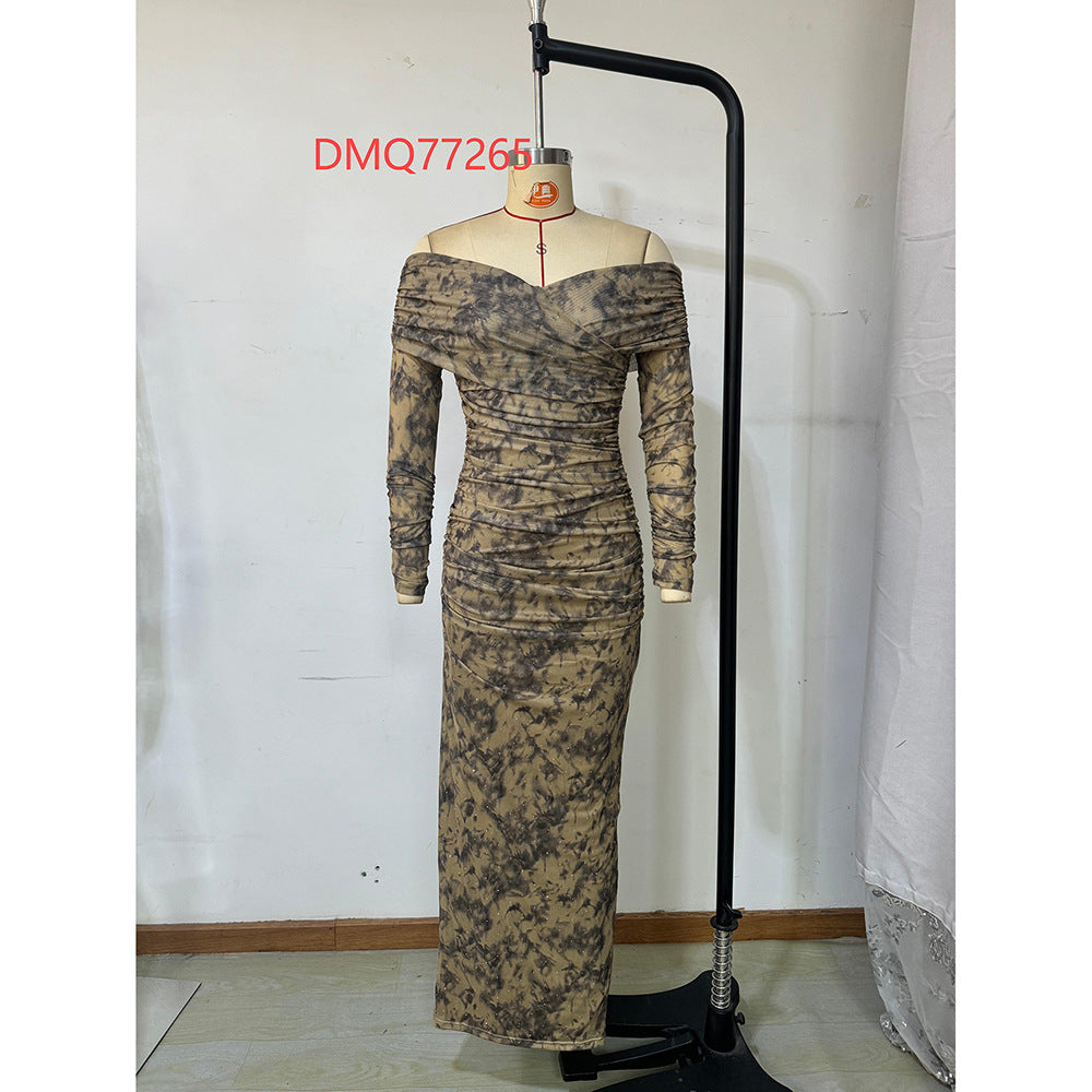 Spring Summer Women's Fashion Print Mesh Beaded Slim Evening Dress 10