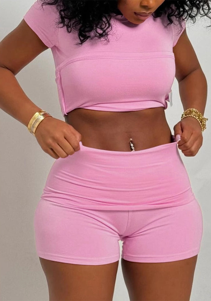 Women Round Neck Short Sleeve T-shirt Top and Casual Shorts Two-Piece Set