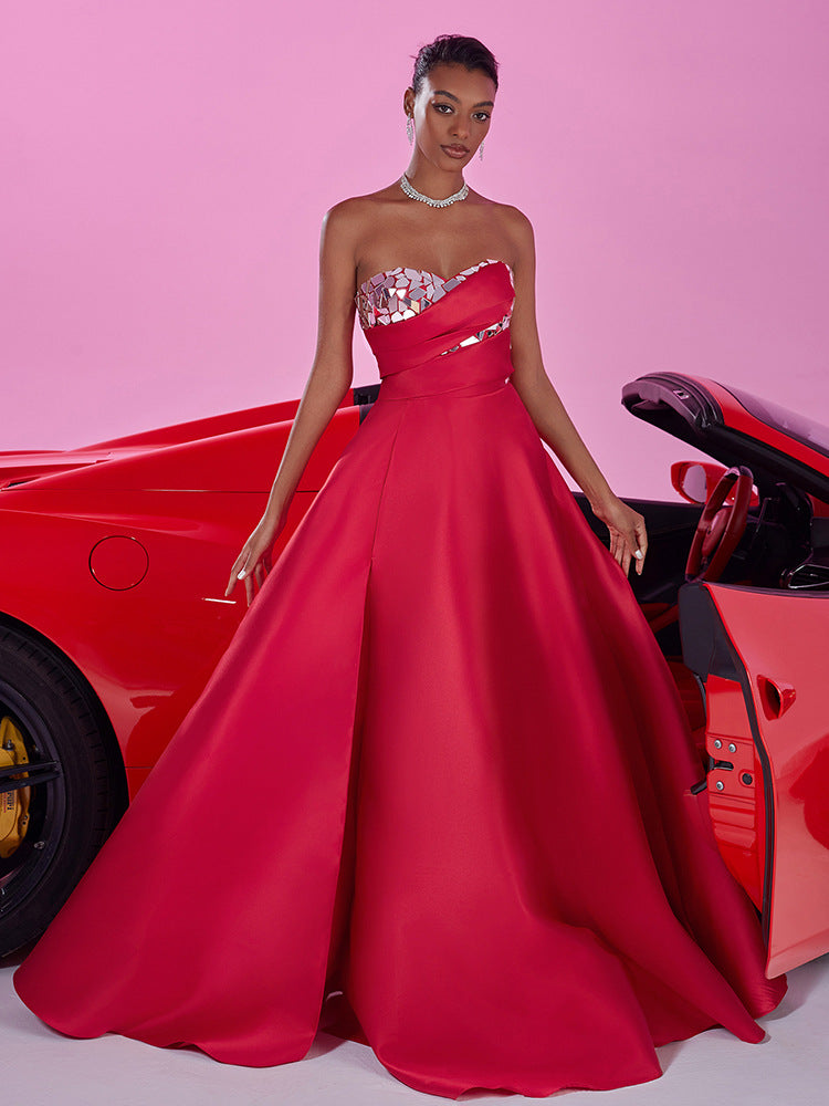 Women's Elegant Low Back Strapless A-Line Red Bridesmaid Formal Evening Dress 7