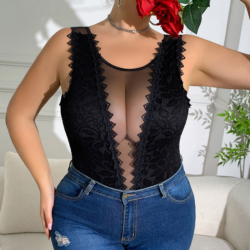 Plus Size Women Black Diamond Lace Patchwork Lace Sexy Bodysuit 7