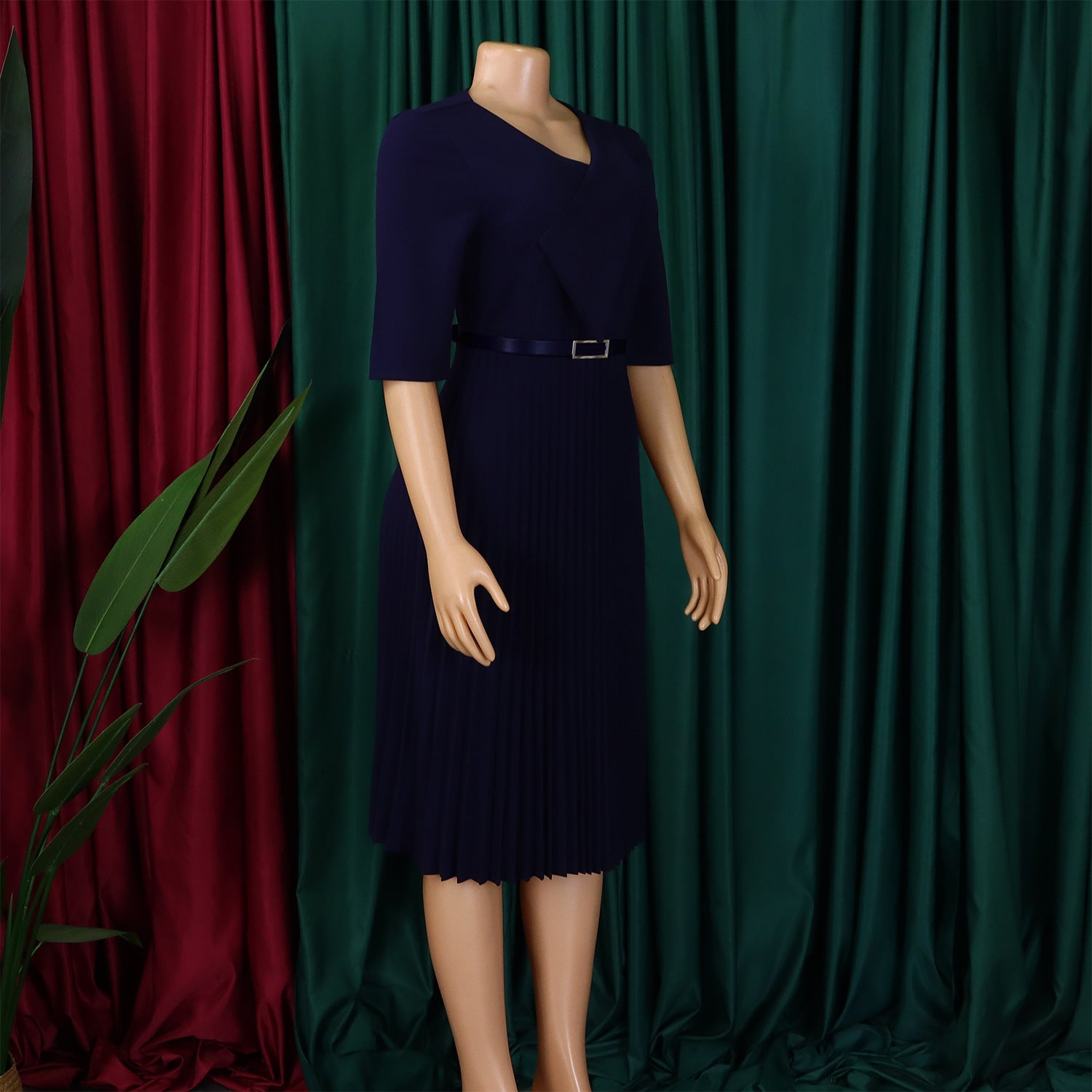 Plus Size Women's Summer Fashion Solid Color Elegant V Neck Pleated African Dress 16