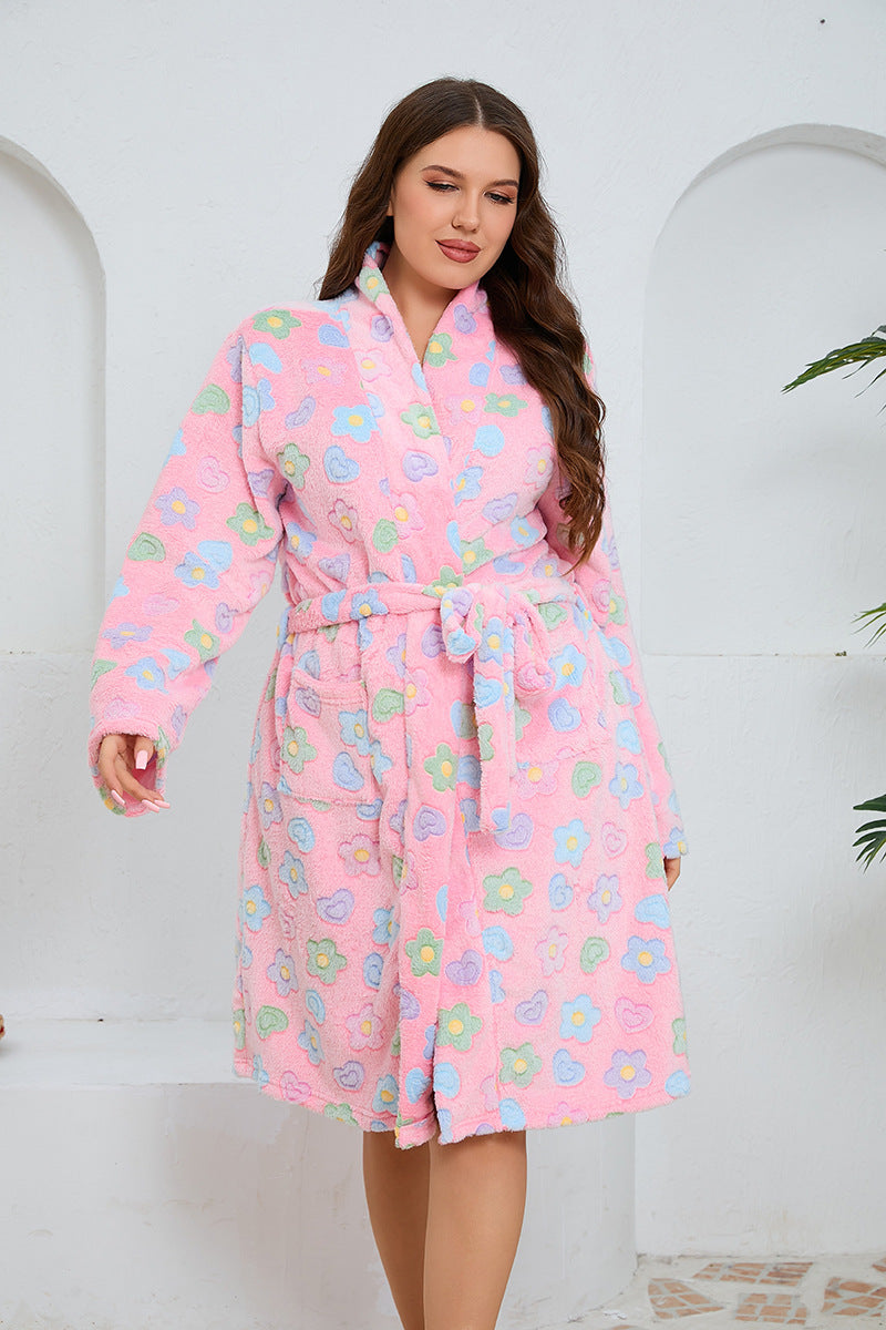 Plus Size Women sweet printed long-sleeved flannel nightgown 3