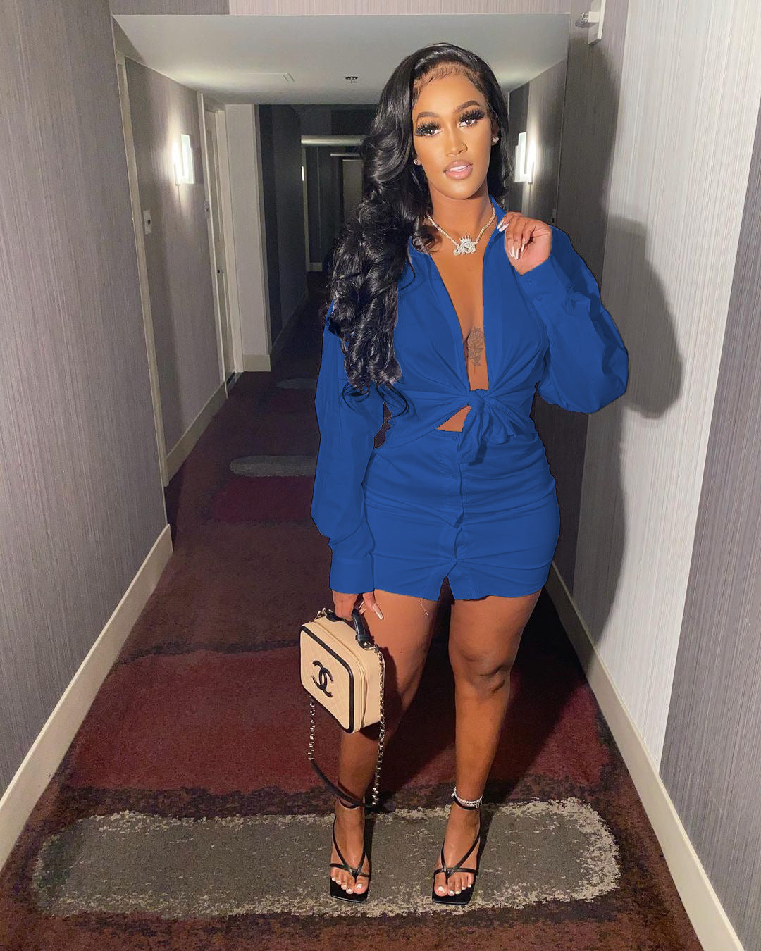 Women Casual Solid Shirt and Skirt Two-Piece Set 9