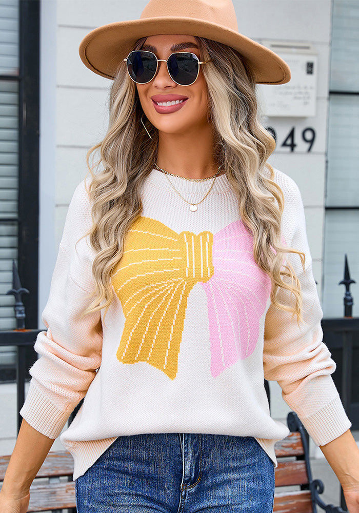 Autumn Winter Sweater Women's Bow Color Matching Knitting Pullover Shirt