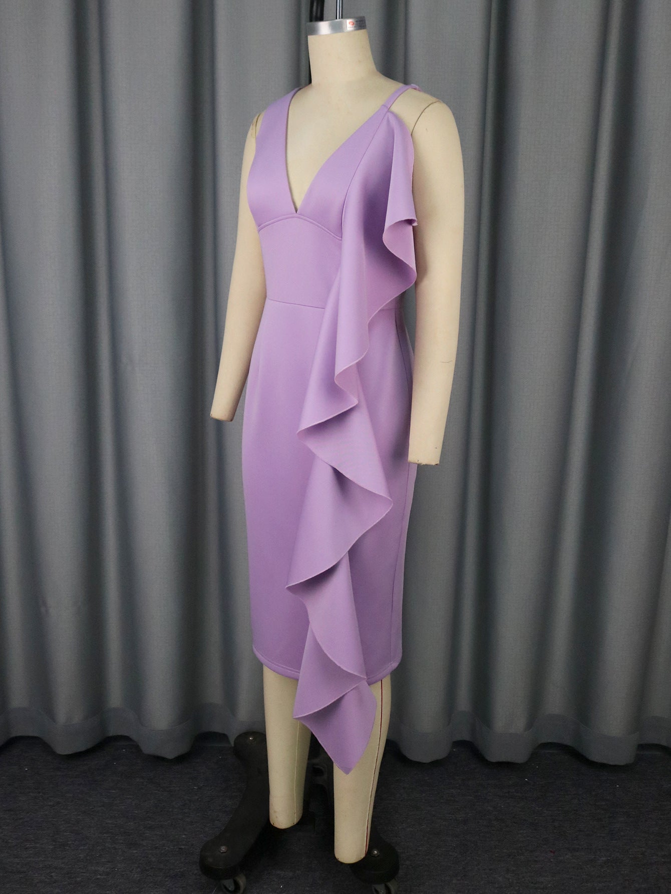 Women's Sexy V-Neck Strap Dress Chic Ruffle Hem Bodycon Formal Party Gown 6