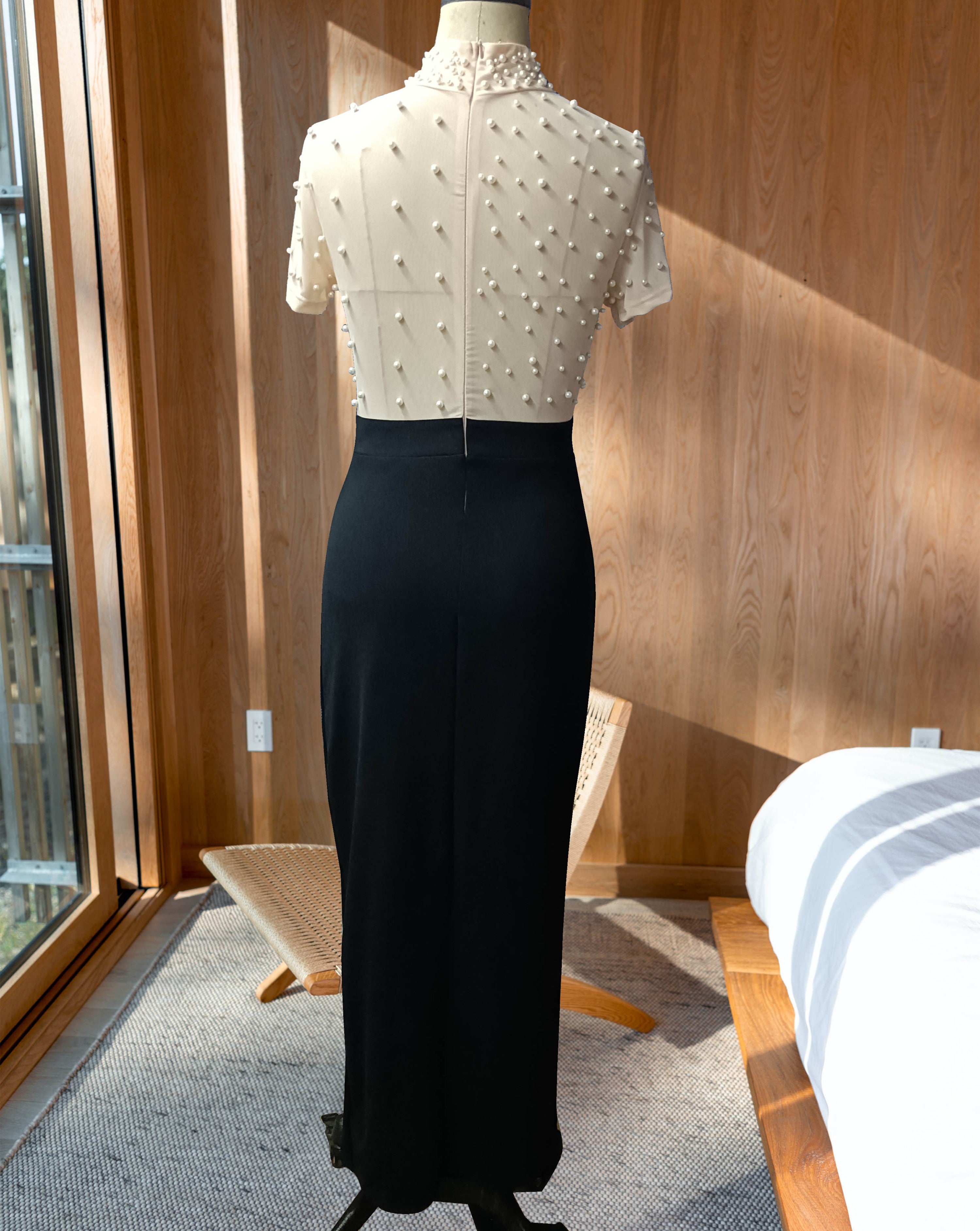 Women Sexy See-Through Beaded Hairstyle Round Neck Short Sleeve Dress 3