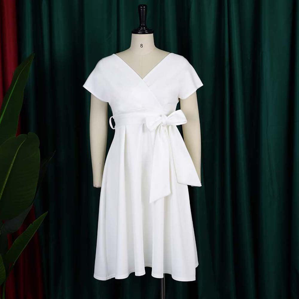 Summer V-Neck Solid Color Slim Waist Bow Lace-Up A-Line Dress 17