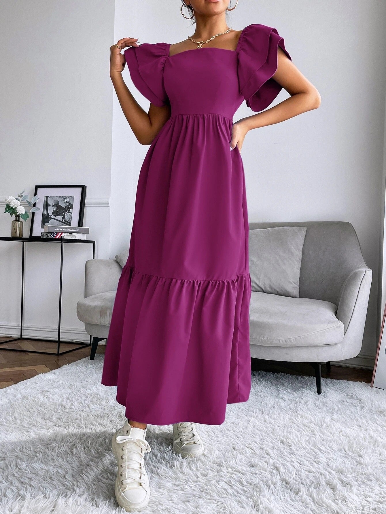 Women Ruffled Off Shoulder Flying Sleeve Solid Dress 7