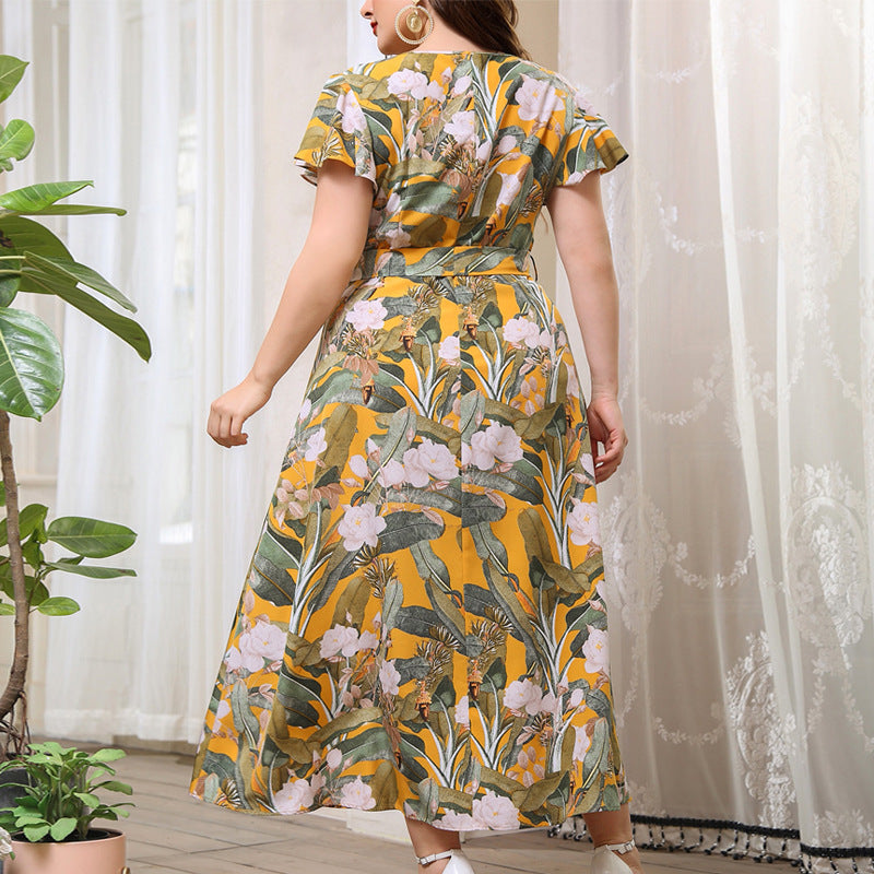 Plus Women Round Neck Single-breasted Printed Shirt Dress 4