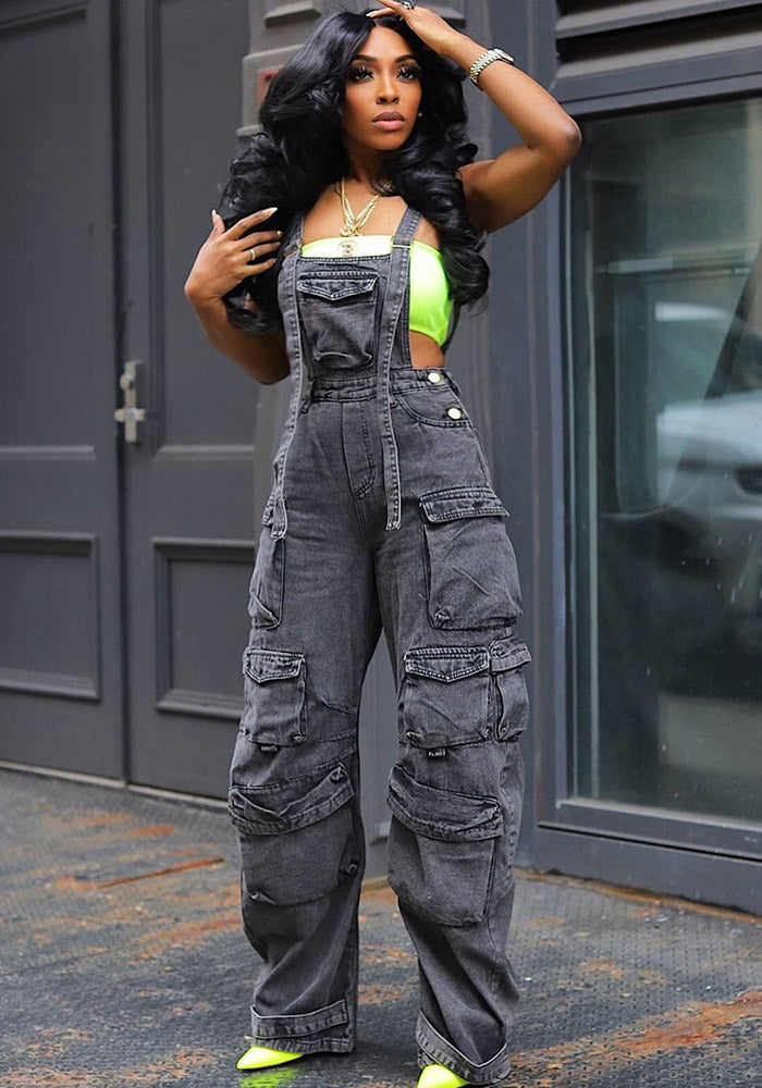 Women Loose Denim Pocket Jumpsuit