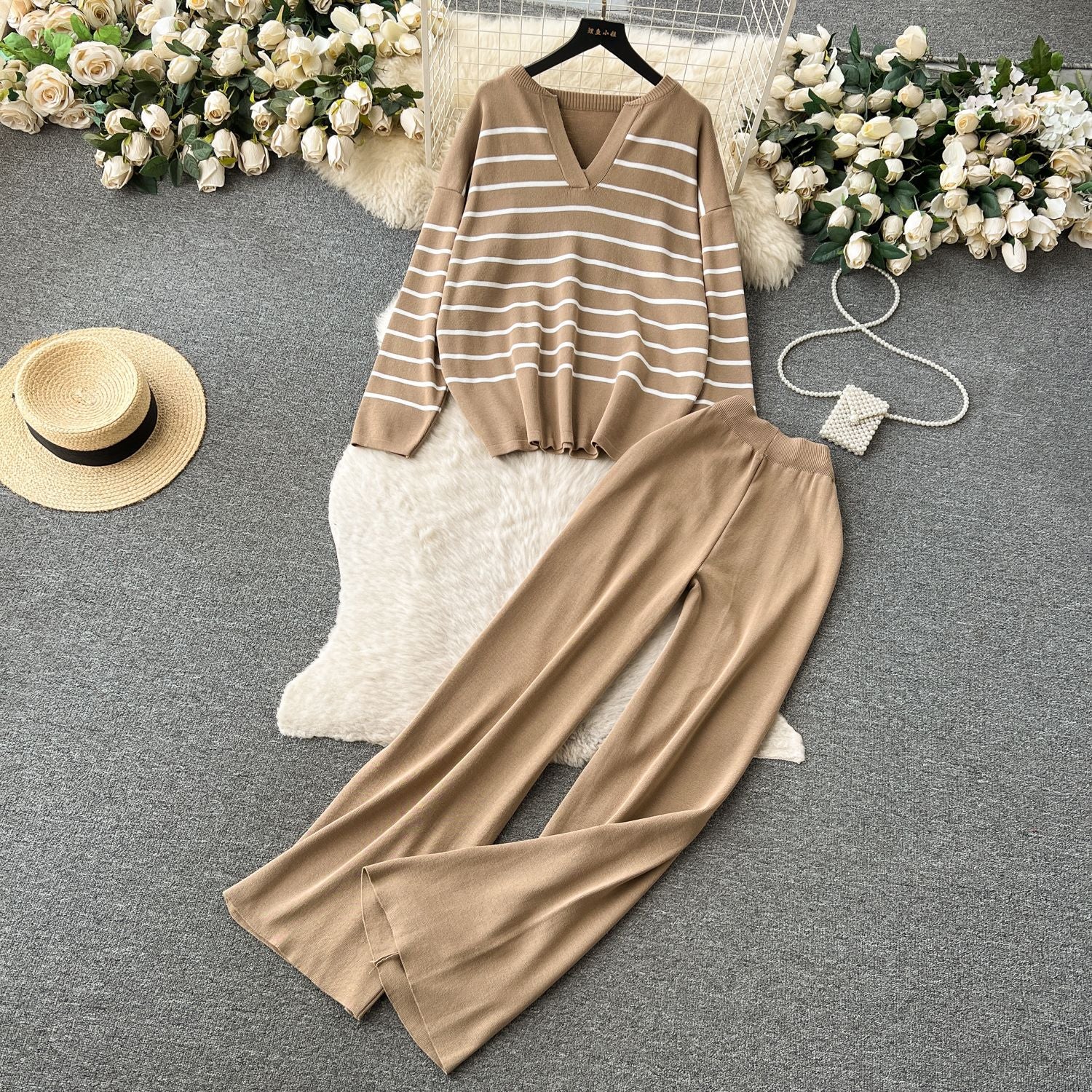 Women Casual V Neck Striped Knitting Top and Pants Two-piece Set 10
