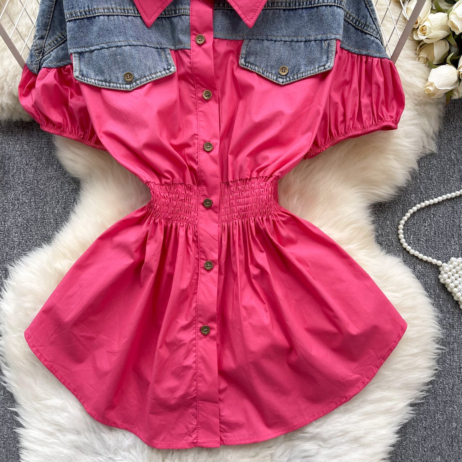 Women Contrast Patchwork Puff Sleeve Stretch Shirt 45