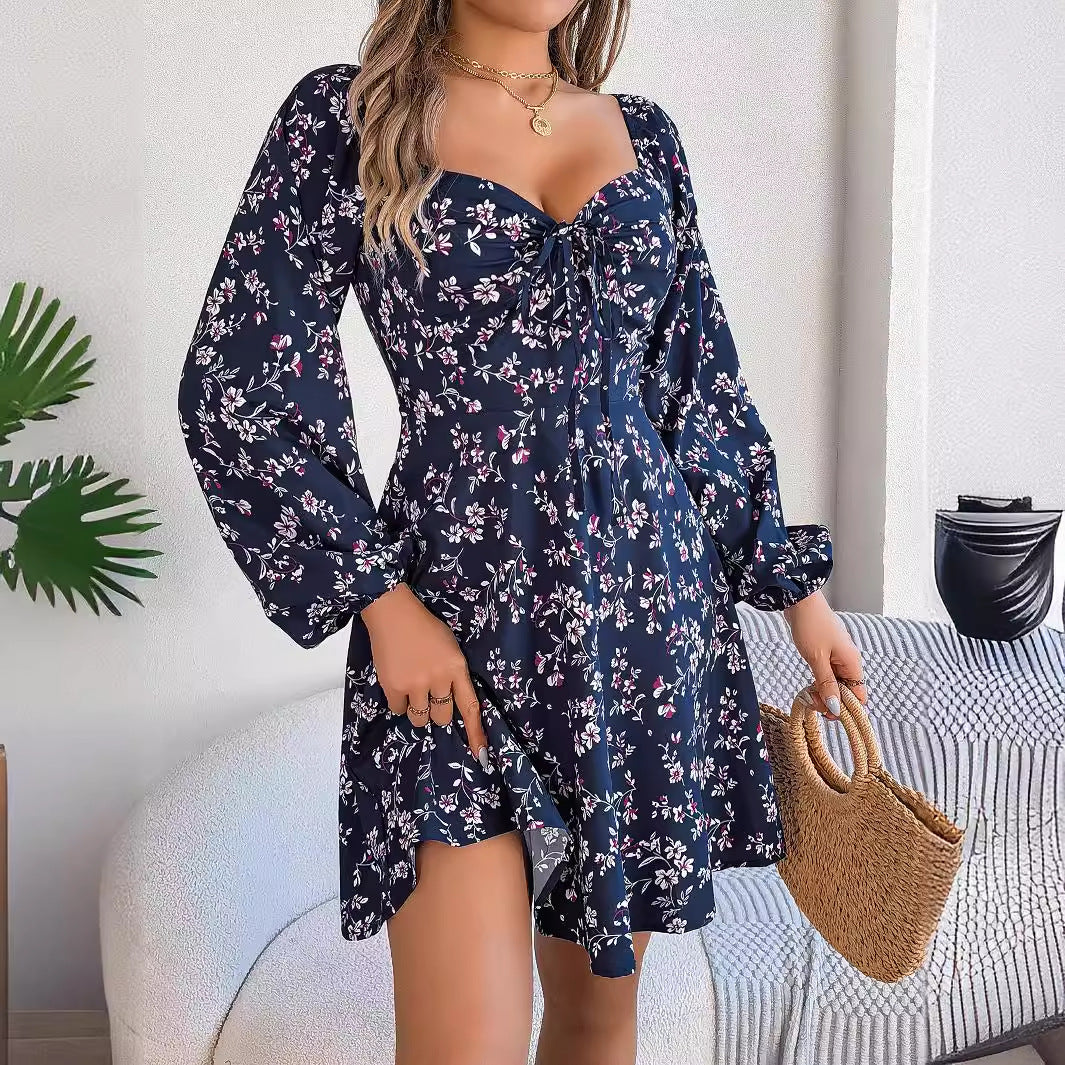 Autumn Winter Casual Sexy Lace-Up Square Neck Floral Long Sleeve A-Line Women's Dress 5