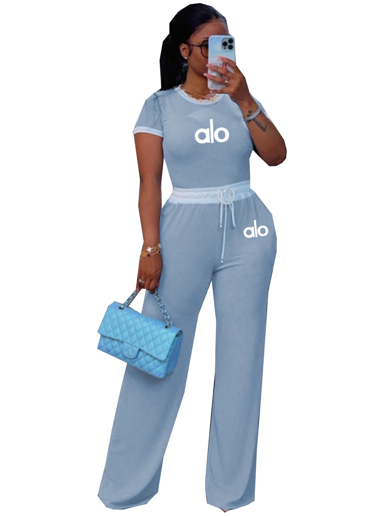 Women's Casual Street Rib Contrast Round Neck Short-Sleeve Two-Piece Pants Set 16