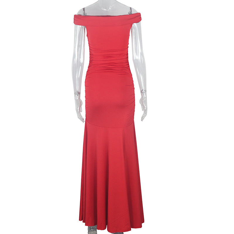 Women Solid Elegant Strapless Zipper Raglan Sleeve Off Shoulder Dress 7