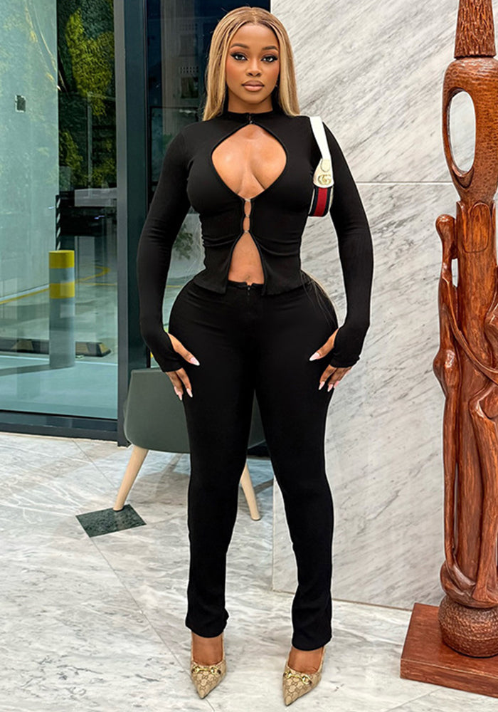 Women Cutout Hook-and-Snap Zipper Top and Pants Two-Piece Set