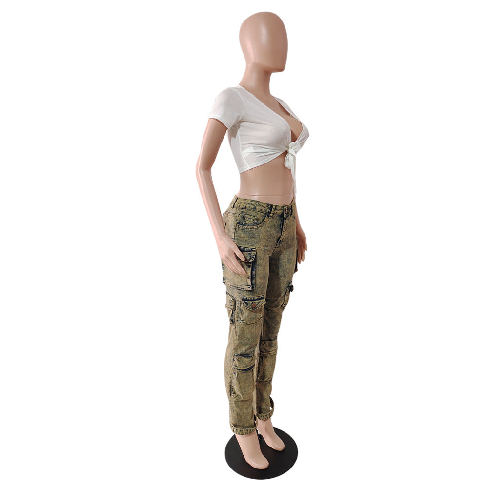 Women's Street Hipster Multi Pocket Cargo Pants Street Wash Distressed Denim Pants 9