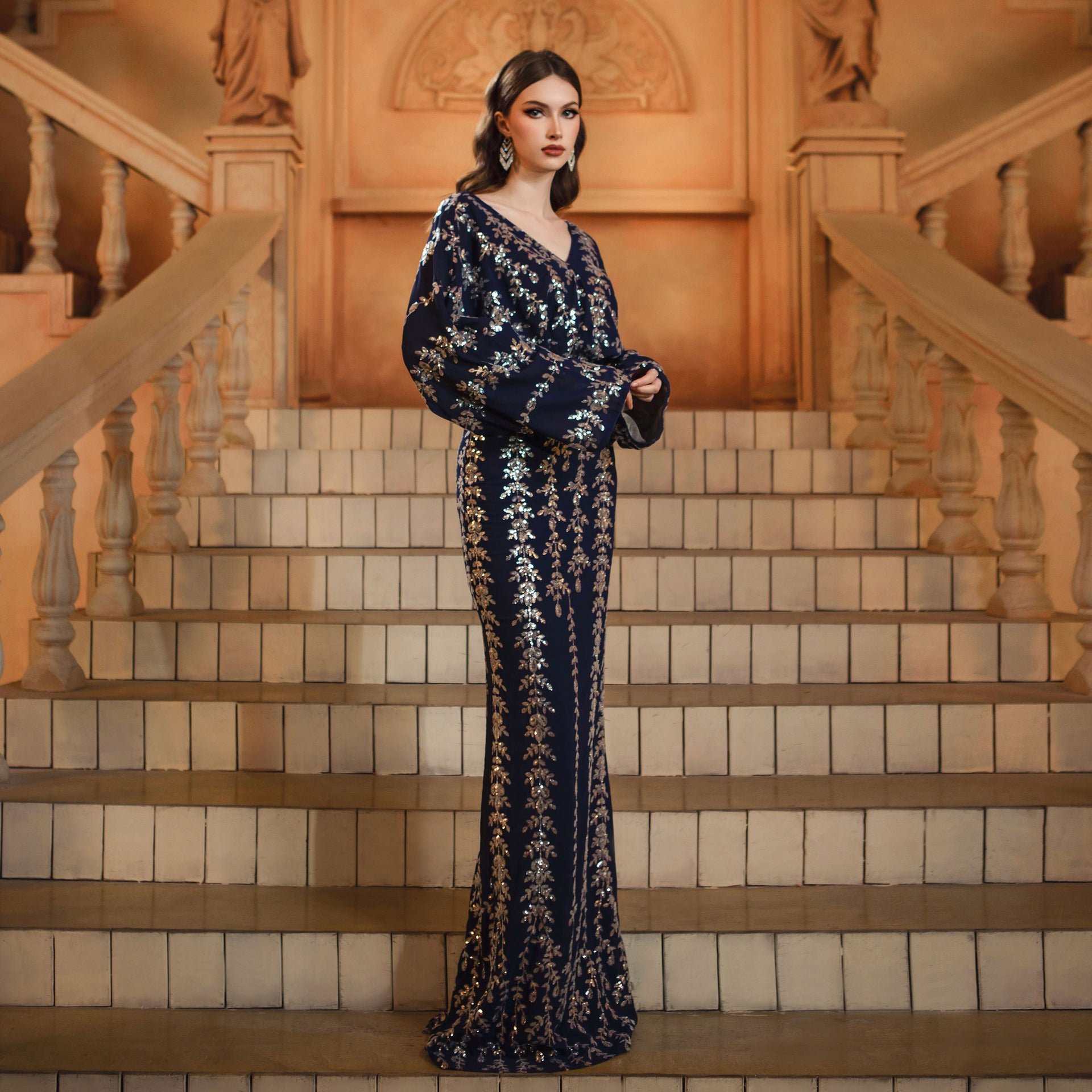 Women long-sleeved v-neck Bodycon sequins Formal Party Fishtail Evening Dress 3