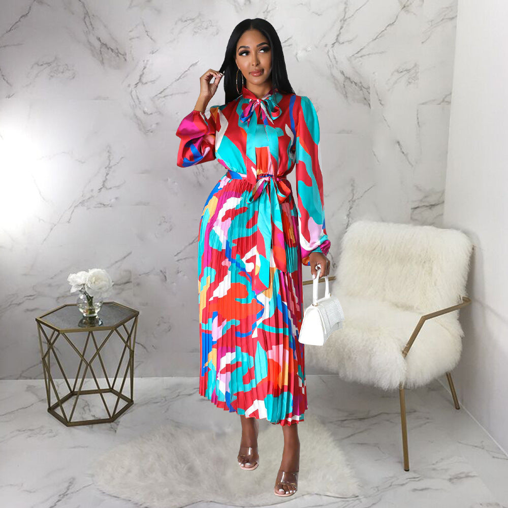 Women's Tie Long Sleeve Printed Pleated Dress 40