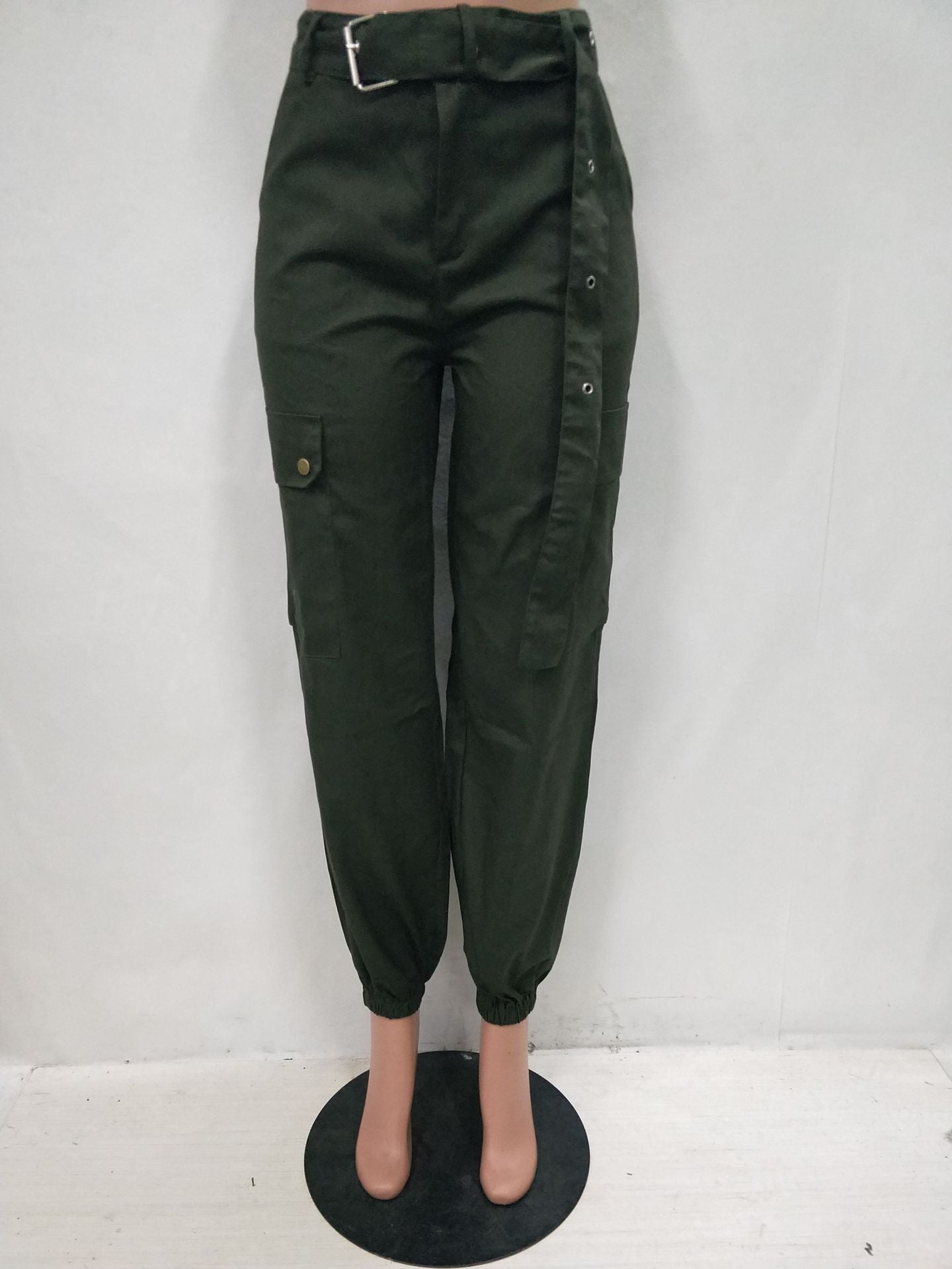 Women Solid Casual Cargo Pants with Belt 22