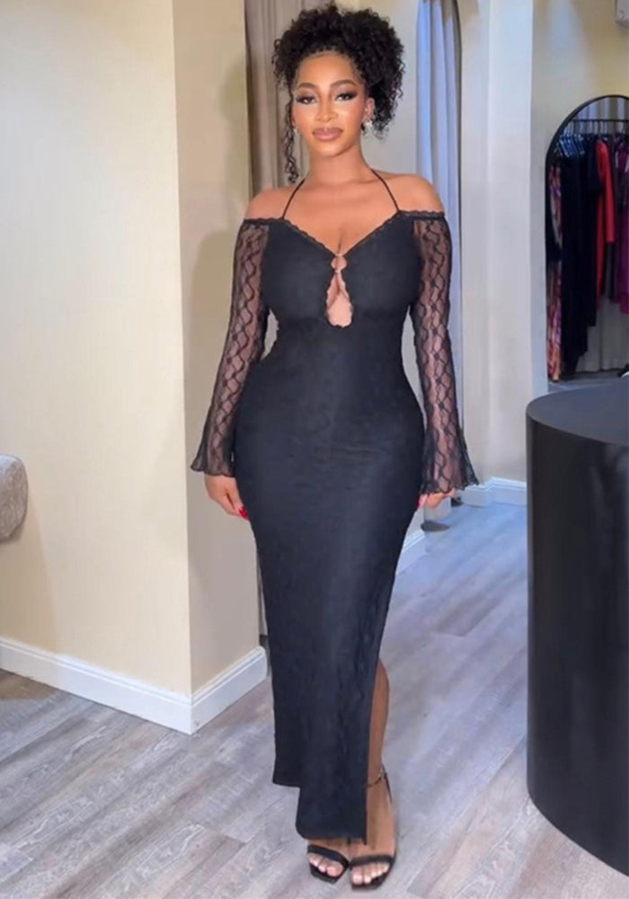 Cut-Out Lace Sexy Long Sleeve Off-Shoulder Halter Neck Maxi Dress