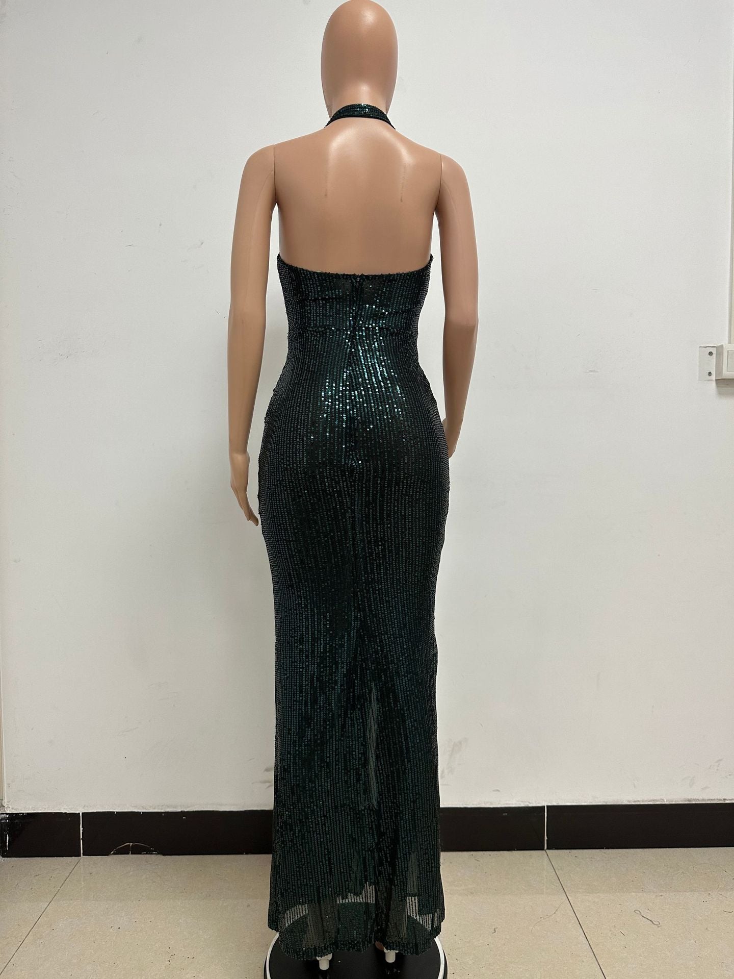 Women Sleeveless Halter Neck Backless Sequin Slit Evening Dress 51