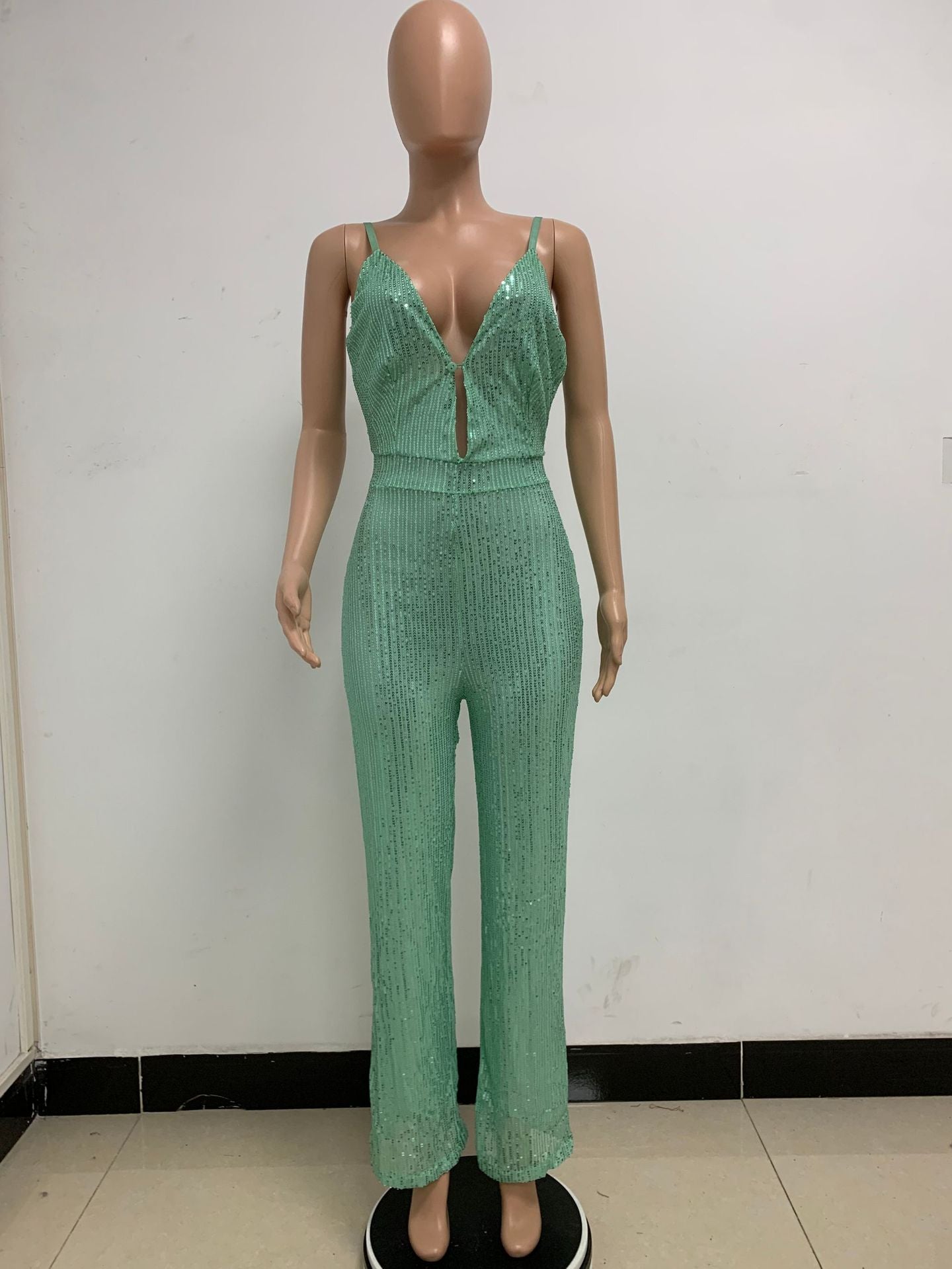Deep V Neck Low Back Sleeveless Chic Sequined Straps Elegant Women's Party Jumpsuit 131