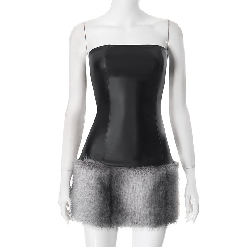 Women sexy Strapless Pu-Leather patchwork fur dress 10