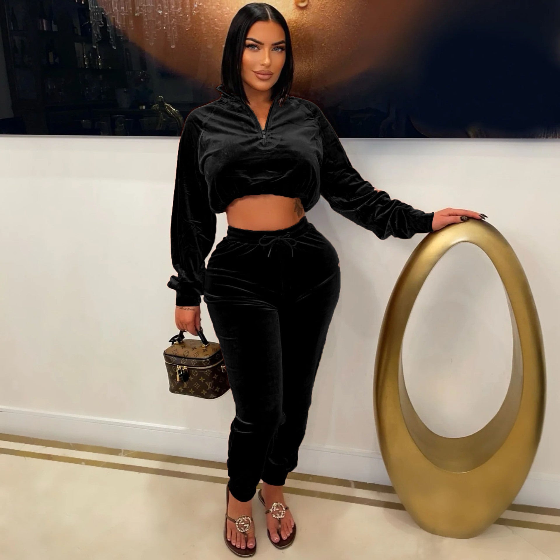 Women Casual sports Casual Veet Top and Pant two-piece set