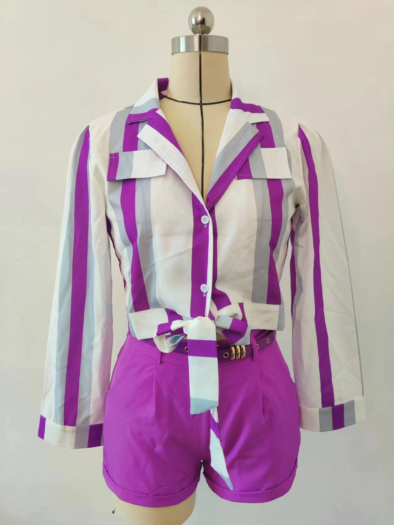 Women's Striped Digital Print Lace-Up Short Turndown Collar Shirt Shorts Two-Piece Set 10