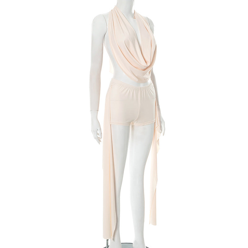Women slouch Halter Neck sleeveless Backless Top and shorts two-piece suit 6