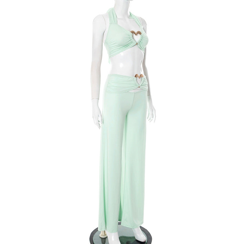 Women Spring and Summer Lace-Up Halter Neck Strapless Top and Gathered Pants Two-Piece Set 8