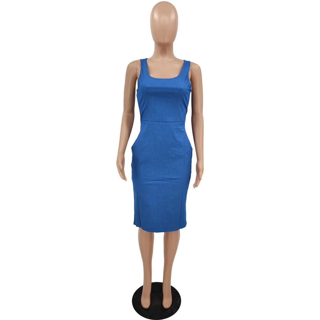 women's solid color tight fitting sexy tank dress 12
