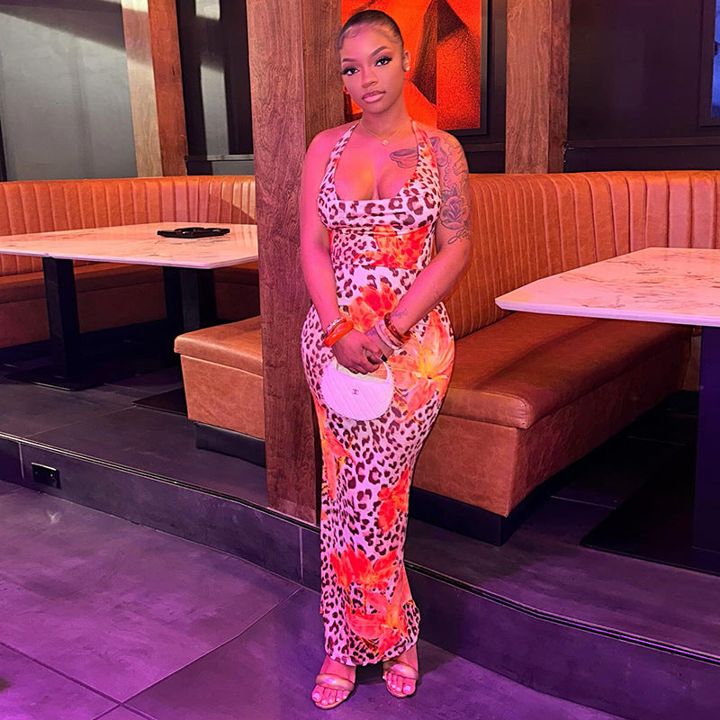 Women's Chic Flower Leopard Print V-neck Low Back Slim Long Dress 15