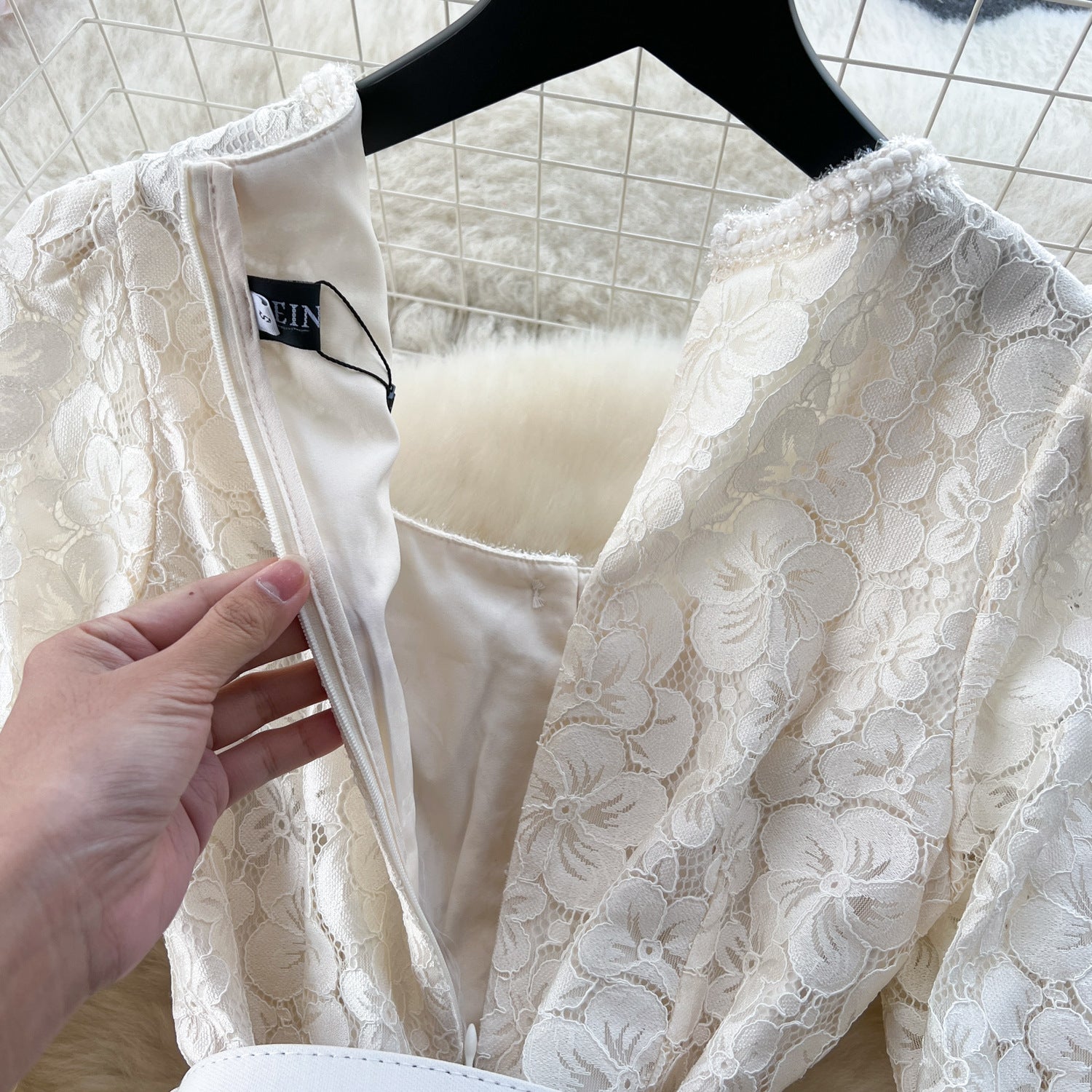 Women French Beaded Metal Button Square Collar Lace Patchwork Pleated Dress 15