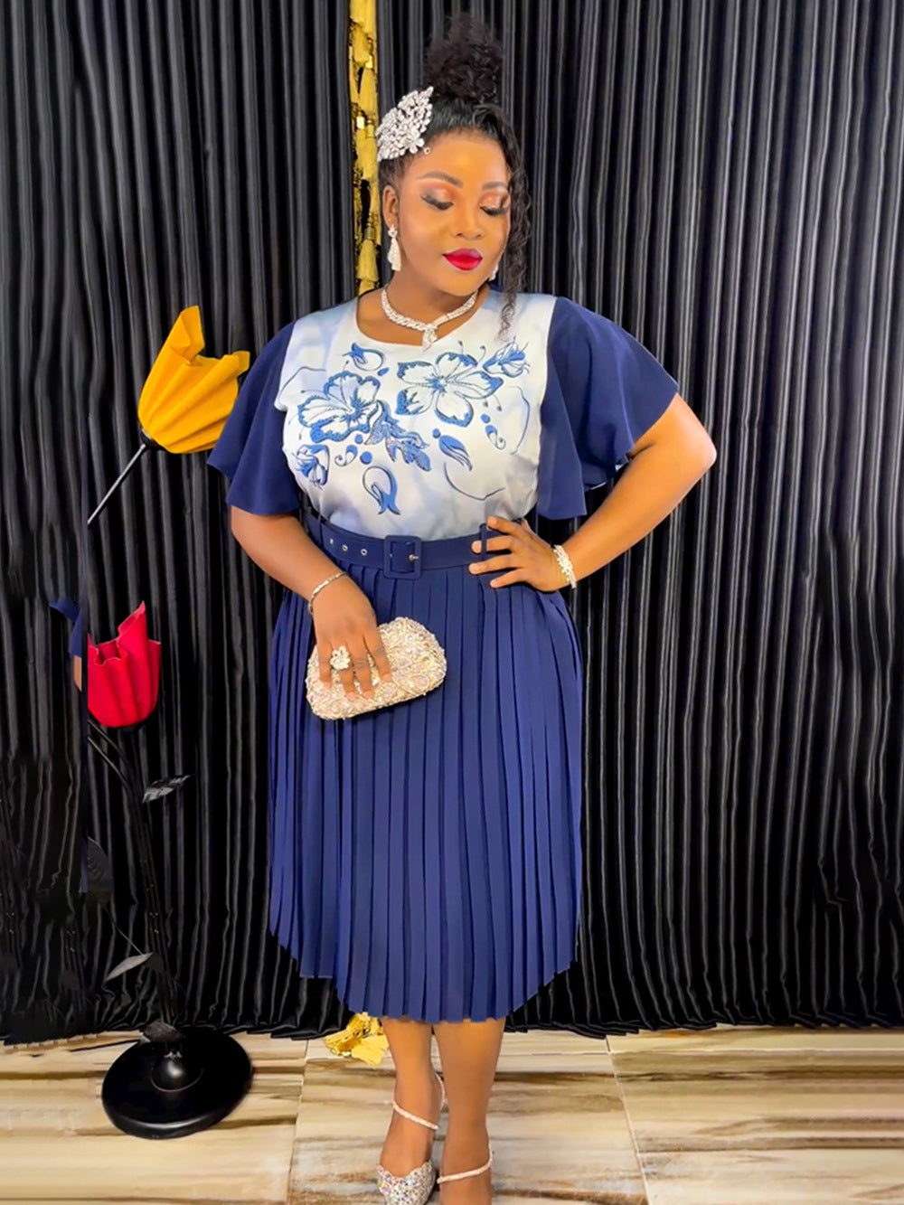 African Women's Printed Mother Of The Bride Dress Plus Size Pleated Dress With Belt