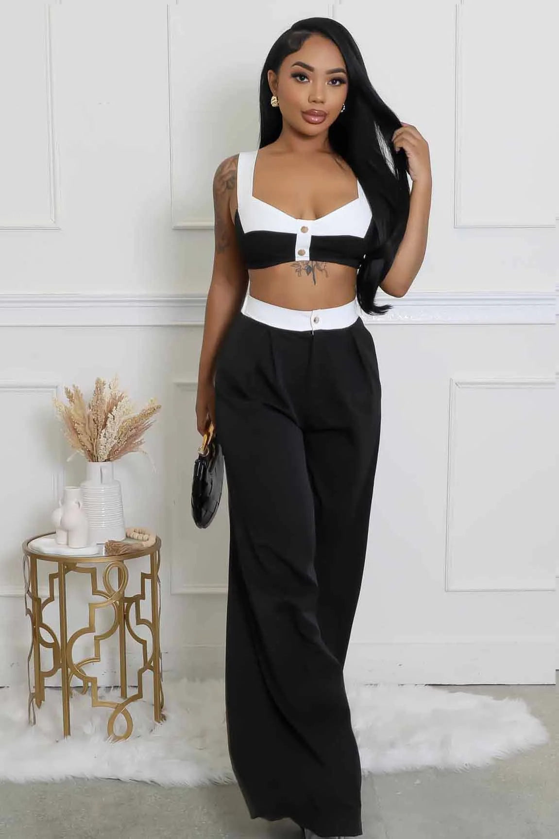 Women's Sleeveless Color-Block High-Waisted Wide-Leg Pants Set