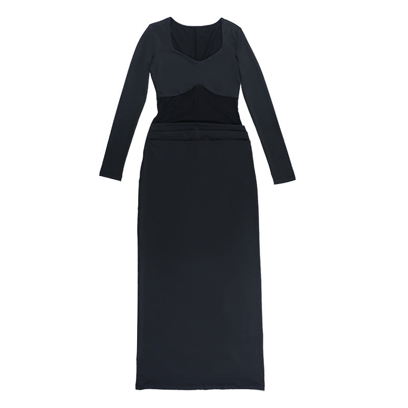 Women Sexy Mesh Patchwork Ruffle Gathered Maxi Dress 9