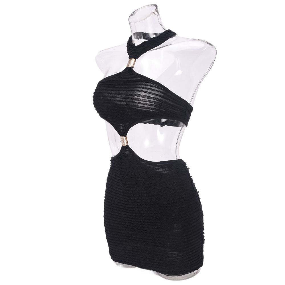 Autumn Hollow Low Back Halter Neck Metal Decoration Women Short Dress 8