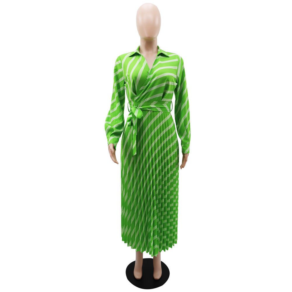 Striped Turndown Collar Casual Summer Women's  Pleated Slim Waist Long Dress 13