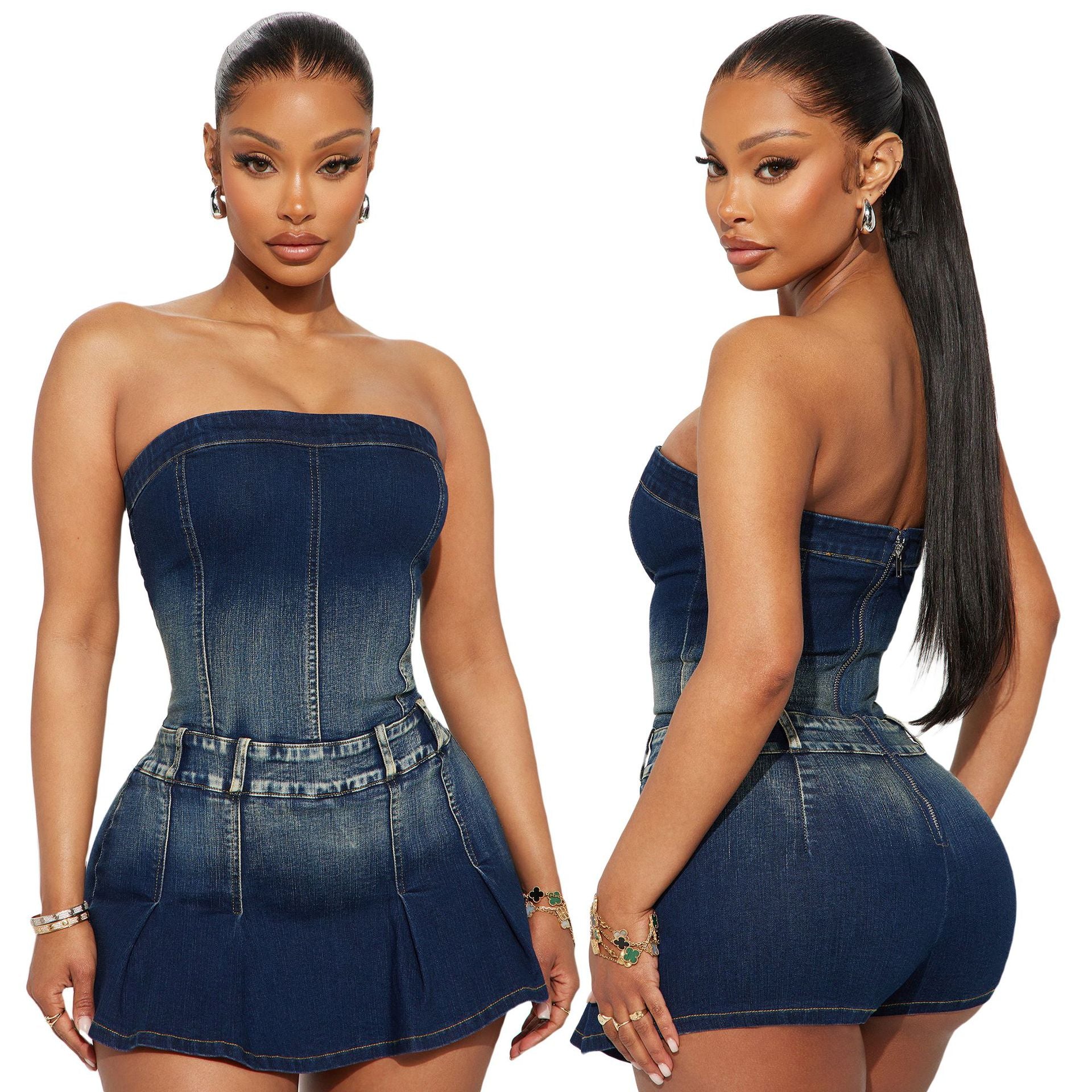 Tight Waist Slim Washed Denim Strapless Jumpsuit 5