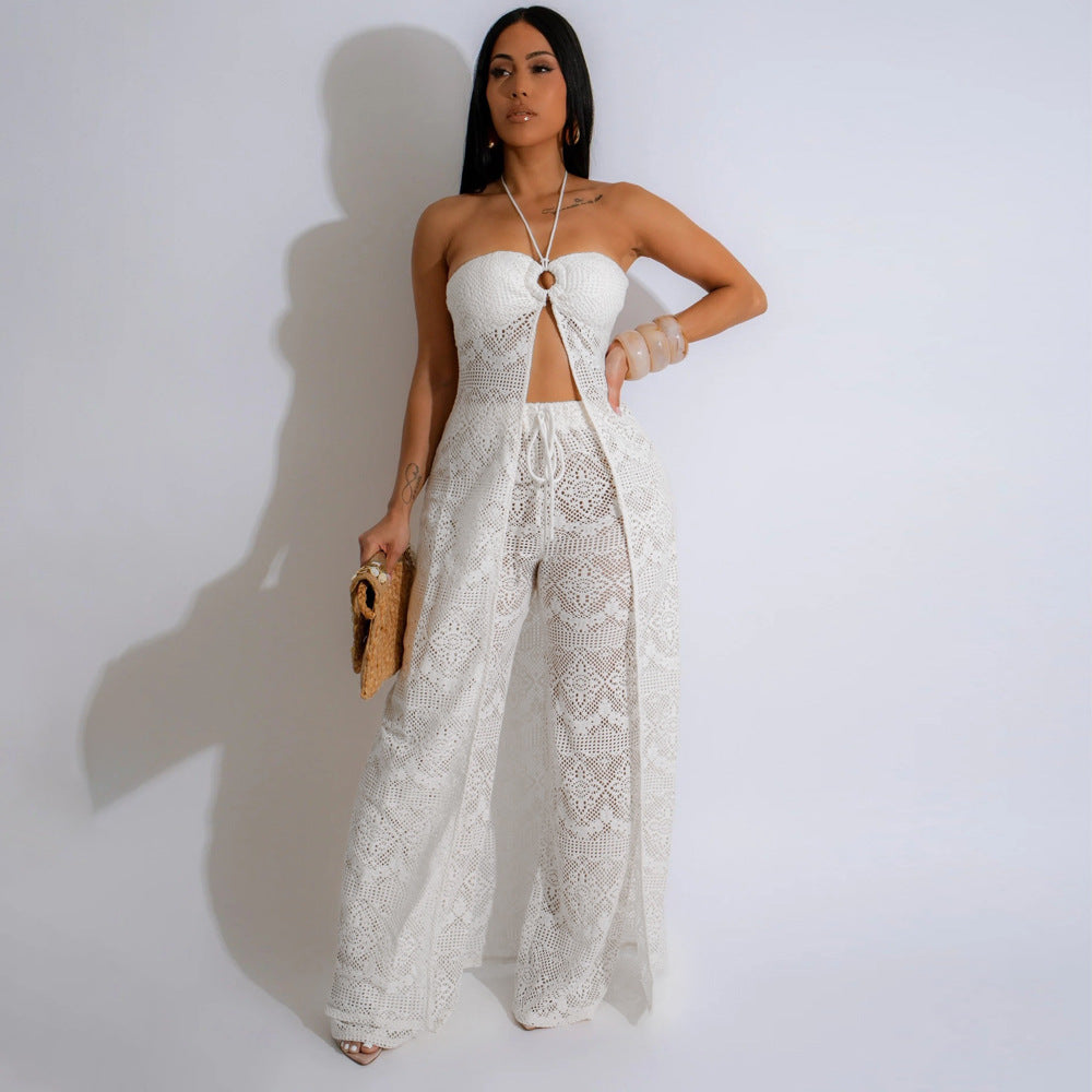 Women Sexy Lace-up Top and Wide-leg Pants Two Piece Set 6