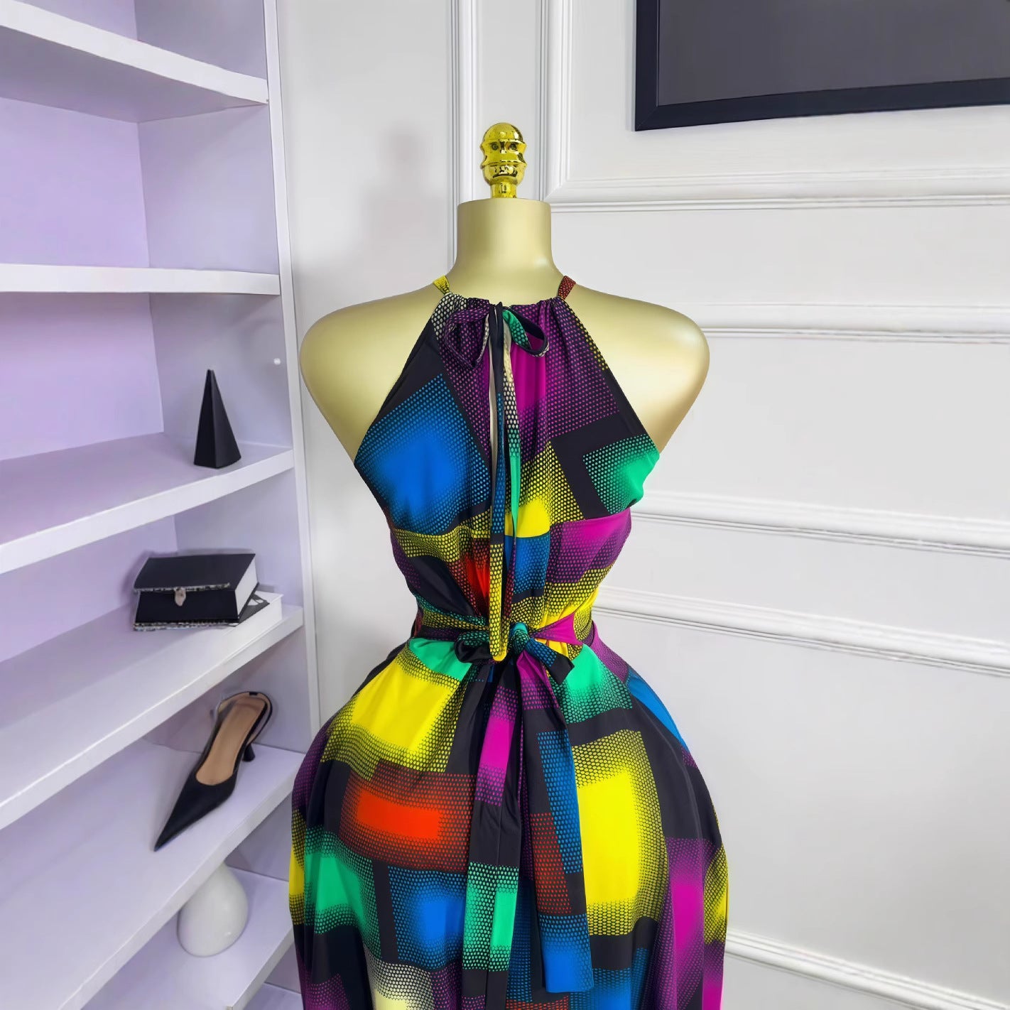 Summer Womenƒ??s Sleeveless Halter Neck Color-Block Slim Waist Tie-Front Chic Maxi Dress 5